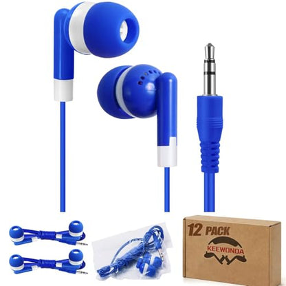 Keewonda 12 Pack Bulk Wired Earbud Headphones for Kids - Individually Wrapped, Blue, 3.5mm Jack, 4ft Cord, Classroom School Supplies for Students, Chromebook, Tablet, Laptop