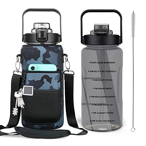 Half Gallon Water Bottle with Sleeve, 64OZ Motivational Water Bottle | Water Jug with Straw, Time Marker, BPA Free, Leakproof, Gym Water Bottle for Sport Workout - color: Camouflage