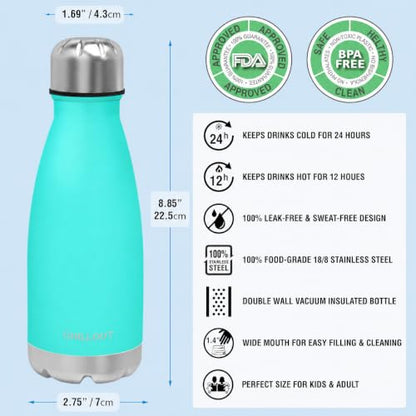 CHILLOUT LIFE 12oz Kids Insulated Stainless Steel Water Bottle, Leak Proof | Small Metal Water Bottle, Keeps Drinks Cold 24H & Hot 12H, Leak-Proof Screw Lid, Perfect for School, Travel & Sports - color: Aqua Blue