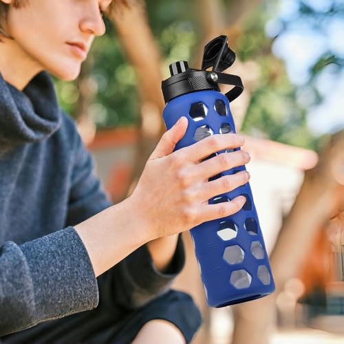 MUKOKO Glass Water Bottle, 32oz, Blue | Glass Tumbler with Straw, Drinking Bottles with 2 Lids-Handle Spout Lid & Bamboo Straw Lid, Silicone Sleeve, 1 Pack - color: Bule, size: 32 Ounces