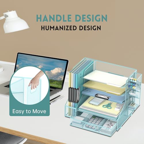 5-Tier Desk Organizer with File Holder & Pen Holder & Sliding Drawer, Blue | Mesh Metal Paper Letter Tray for Papers, Mail, Office Supplies, and Desk Accessories - color: Blue