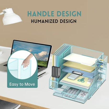 5-Tier Desk Organizer with File Holder & Pen Holder & Sliding Drawer, Blue | Mesh Metal Paper Letter Tray for Papers, Mail, Office Supplies, and Desk Accessories - color: Blue
