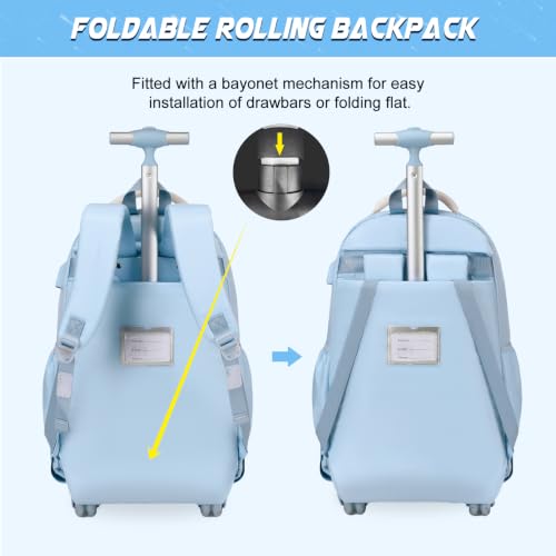 DIGOBAY Rolling Backpack for Girls, Cute Roller School Bag with Wheels, Kids Wheeled Backpacks Set with Lunch Bag Pencil Case for Teen Girls Kindergarten Elementary Middle School - color: Blue