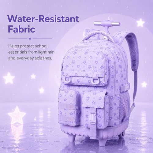 WZLVO 3PCS Rolling Bookbag, Water Resistance Girls Wheeled Backpack, Women Aesthetic Roller School Bag Set with Lunch Box & Pencil Bag for Teens & Kids - Purple Star - color: 3pcs Girls Rolling Backpack - Purple Star