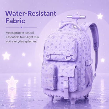 WZLVO 3PCS Rolling Bookbag, Water Resistance Girls Wheeled Backpack, Women Aesthetic Roller School Bag Set with Lunch Box & Pencil Bag for Teens & Kids - Purple Star - color: 3pcs Girls Rolling Backpack - Purple Star