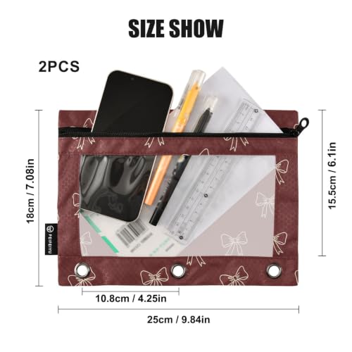 Gredecor 3 Ring Binder Pencil Pouch, Burgundy Maroon Bows Zippered Pen Case Pouches with Clear Window, 2 Pack Stylish Office & School Supplie - color: Burgundy Maroon Bows