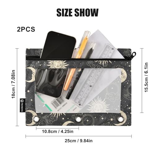 ZAZYXTJ Sun Binder Pencil Pouchs 3 Ring with Zipper Clear Window Office Organizers bag for School Students Teacher Supplies 2 Pack - color: Sun