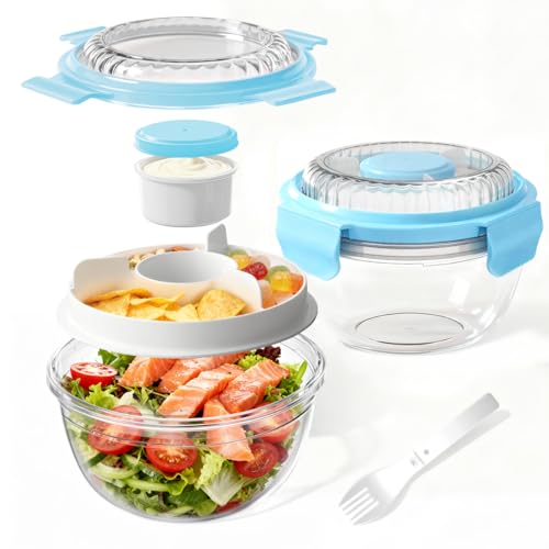 WHALEHOUSE 2-Pack 33 OZ Clear Eco-friendly SK chemicals ECOZEN Salad Container Sets, Portable Plastic Salad Bowls with Lid, Leak-Proof Dressing Container, Bento Lunch Box for Meal Prep & Food Storage - color: Blue-2 Pack