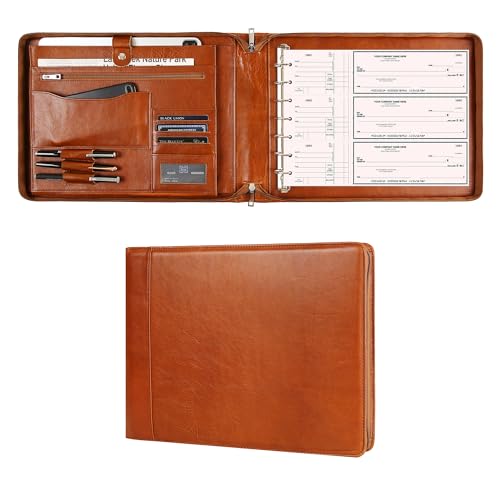 Leather Business Checkbook Binder - 7 Ring Zippered Binder with Check Book Holder for 3 Per Page, 600 Checks Capacity for 9 x 13 inch Sheets, Oil Brown - color: Oil Brown, size: Non Custom