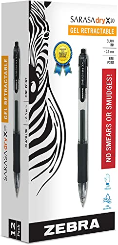 Zebra Pen Sarasa Dry X20 Retractable Gel Pens, 0.5mm Medium Point, Black Ink with Rapid Fast Dry Ink Technology, Ideal for the Left-Handed, Eliminates Smudging and Smearing in Seconds, 12-Pack (46710) - color: Black