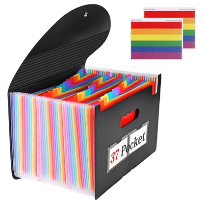 37-Pocket Expanding File Folder with Labels, A4/Letter Size Accordion Document Organizer, Portable Black Folder for Office, Travel, Business, School & Home