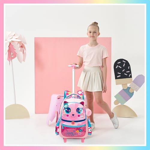 Meetbelify Rolling Backpack for Girls Backpacks with Wheels for Elementary Preschool Students Kids 3 in 1 Travel Luggage Carry on Suitcase with Lunch Box Pencil Case for Girls Age 8-10 - color: Bell Cat