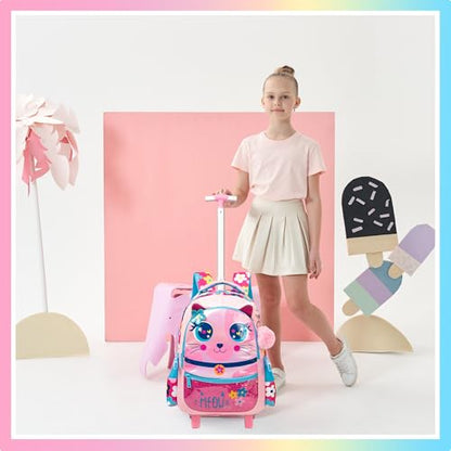 Meetbelify Rolling Backpack for Girls Backpacks with Wheels for Elementary Preschool Students Kids 3 in 1 Travel Luggage Carry on Suitcase with Lunch Box Pencil Case for Girls Age 8-10 - color: Bell Cat