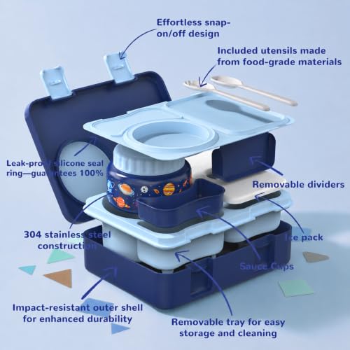Kids Lunch Box with Thermo, Leakproof Bento Box for Kids with 8OZ Insulated Food Jar, Ice Pack, Sauce Cup, Utensils, Removable Tray & Dividers for School Daycare Travel (Space) - color: Space