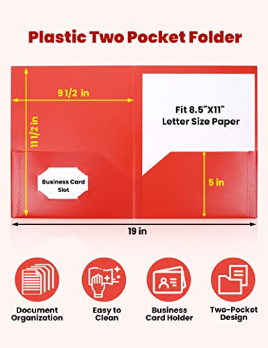 SUNEE 2 Pocket Folders (12 Pack, Red) Heavy-Duty Plastic Folders with Pockets, Fit 8.5x11 Letter Size Paper, 2-Pocket File Folders for Kids, Home, School, Office - color: Red, style: 12-Pack