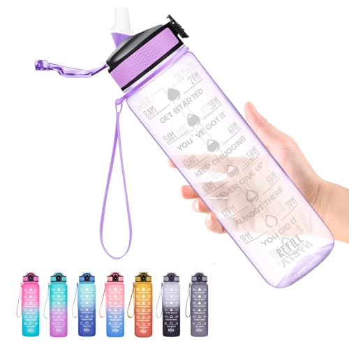 Hyeta Water Bottle with Straw & Time Marker, Plastic 32oz Leakproof | Motivational Tritan BPA Free Gym Office Outdoor Intake Tracker Hourly Reminder Straw Lid Carry Strap - color: Clear Wisteria