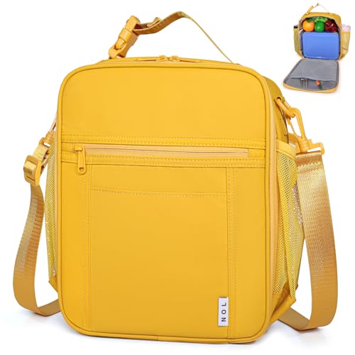 NOL Nylon Waterproof Kids Lunch Bag, Insulated Lunch Bag, Lunch box Cooler, Reusable, Zip Closure with Buckle Handle Holds Lunch Box, Snacks & Water Bottle for School Work, Earth-yellow - color: Earth-yellow, size: Vertical (7 Liters)