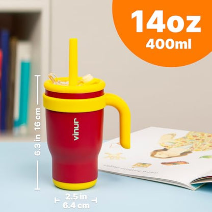 VINUR Kids 14 oz Tumbler with Handle and Straw Lid | Leak Resistant | Reusable Stainless Steel Insulated Tumbler Travel Water Mug with Rubber Base-Cup Holder Friendly, Canyon Red - color: Canyon Red, size: 14 Ounces