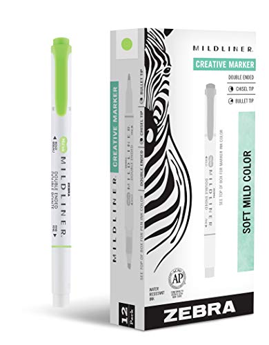 Zebra Pen Mildliner Dual-Tip Highlighters, Broad and Fine Tips, Ideal for Bible Highlighting, No Bleed, School Supplies, Teacher Supplies, and Office Supplies, Mild Green Ink, 12-Pack (78140upc) - color: Green