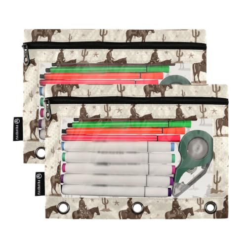 Retro Cactis Cowboys Binder Pencil Pouches, Pencil Case with Clear Window 3 Rings Pen Case Holder School Office Supplies Cosmetic Makeup Bag 2 Pack - color: multicolored-2