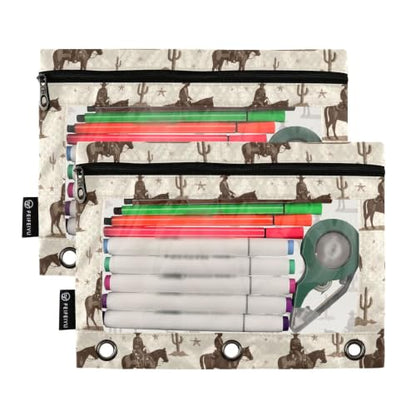 Retro Cactis Cowboys Binder Pencil Pouches, Pencil Case with Clear Window 3 Rings Pen Case Holder School Office Supplies Cosmetic Makeup Bag 2 Pack - color: multicolored-2
