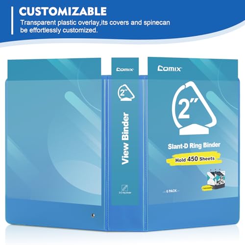 COMIX Sturdy 3 Ring Binder 2 inch with Clear View Cover, 2" Slant-D Ring View Binder Holds 500 Sheets of US Letter Size Paper, 6 Pack (Light Blue) - color: Light Blue, size: 2 inch