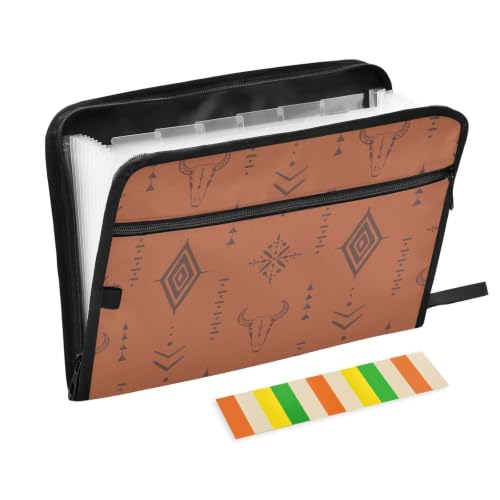 Western Bull Boho Expanding File Folder with Sticky Labels, 13 Pockets Accordion File Folder Document Organizer Expandable Zip File Folder with Zipper Closure - color: Western Bull Boho