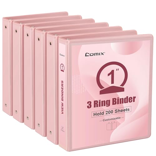 COMIX Standard 3 Ring Binder 1 inch with Clear View Cover, 1" Round Ring View Binder Holds 200 Sheets of US Letter Size Paper for School Office Supplies, 6 Pack (Pink) - color: Pink, size: 1 inch