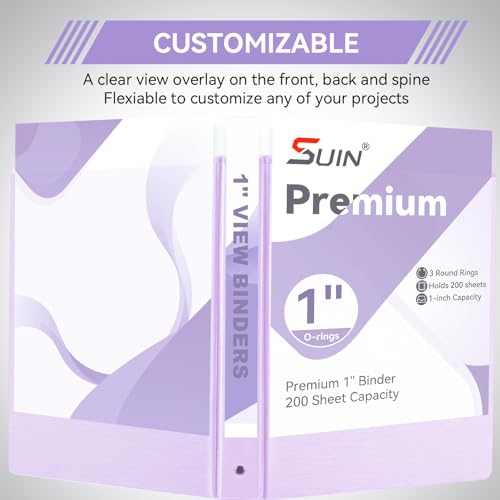 SUIN 1 Inch 3 Ring Binder, Clear 1'' View Presentation Binders with 2 Pockets, Fits 8.5 x 11 Letter Size, Durable Polypropylene, Non-Stick & PVC-Free for School, Office & Home (Brushed Lavender) - color: Brushed Lavender
