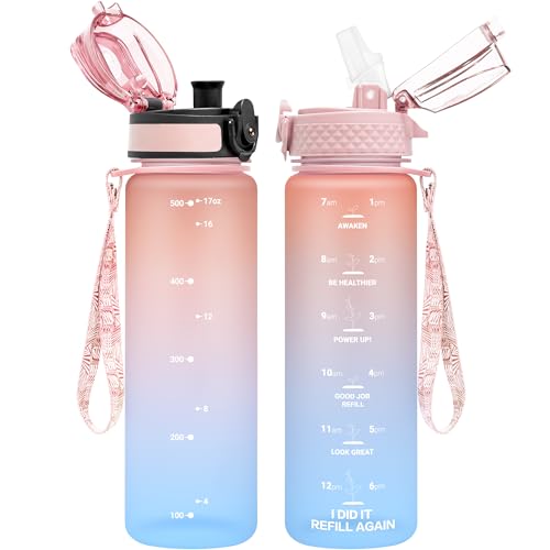 OLDLEY Kids Water Bottle for School, 17 oz (2 lids) BPA-Free Reusable Leak-proof Durable Tritan Plastic Water Bottles with Straw & Chug Lids, Anti-dust Spout Cover (Pink Blue) - color: A-Pink Blue, size: 17 Ounces