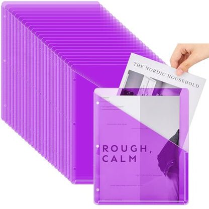 Seajan 48 Pcs Pocket Folders for 3 Ring Binder Clear Plastic Folders Sleeves with 2 Pockets 3 Hole Punch Binder Dividers Poly Slash File Jackets for Office School Document Organizer (Purple) - color: Purple