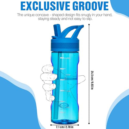 OLDLEY 20oz Kids Water Bottle with Straw, BPA-Free Tritan Water Bottle for School, Leakproof Clear Water Bottle with One Click Open, Measurement Scale, Cup Holder Friendly for Boys Girls,Blue - color: Blue