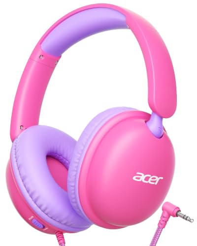 Acer Kids Headphones with Cord for School，74/85dB Volume Limit, Over Ear Headphones for Kids Toddler Girls Boys, Foldable 3.5mm Jack Wired Headphone for Tablet/Computer/Travel/Chromebook, Pink Purple - color: Pink Purple