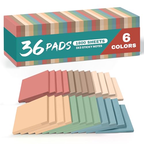 Sticky Notes, 3x3 Inch, 36 Pads, Aesthetic Self-Stick Note for Office, School and Home, Ideal for Planning, Notes and Organization, Vintage Colors