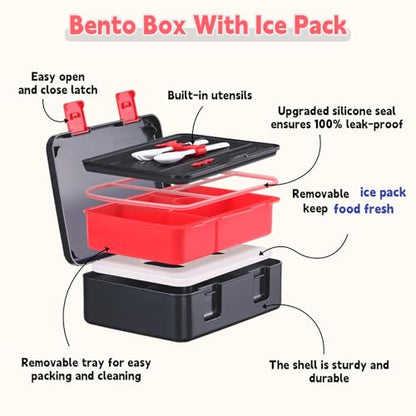 rockpapa Chill Bento Box for Kids- Large 5.5 Cups Lunch Box with Ice Pack - 5 Compartments, BPA-Free, Leak Proof, with Utensils & Portable Handle, Microwave/Dishwasher Safe (Black Games) - color: Black Games