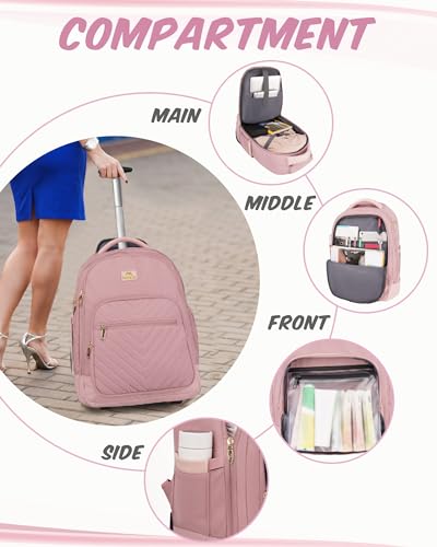 MATEIN Rolling Backpack for Women, 17 Inch Travel Laptop Backpacks with Wheels, Large Carry On Business Luggage Roller Backpack, Waterproof Trolley Suitcase Overnight College Work Computer Bag, Pink | TSA-Friendly Design, Wet Dry separation pocket, Backpa