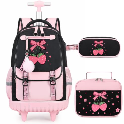 Bevalsa Rolling Backpack for Girls, 3PCS Roller School Backpack Set | with Lunch Box & Pencil Case, Kids Bookbag with Wheels for Teen Girls Elementary Middle High School Students - color: Pink Strawberry