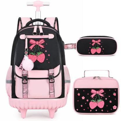 Bevalsa Rolling Backpack for Girls, 3PCS Roller School Backpack Set | with Lunch Box & Pencil Case, Kids Bookbag with Wheels for Teen Girls Elementary Middle High School Students - color: Pink Strawberry