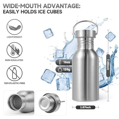Volhoply 16oz Stainless Steel Water Bottle with Handle 4 Pack,Non Insulated Single Wall, No Plastic 18/8 304 Metal Water Bottles with Wide Mouth for Camping, Hikers, Cyclists - size: 16 Ounces