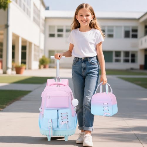 Scothen Rolling Backpack for Girls, Girls Backpack Set with Lunch Box & Pencil Pouch for Teen Girl Kids Children Elementary Middle School, Bookbag Daypack Laptop Travel Backpack with Wheels - color: Pink Blue