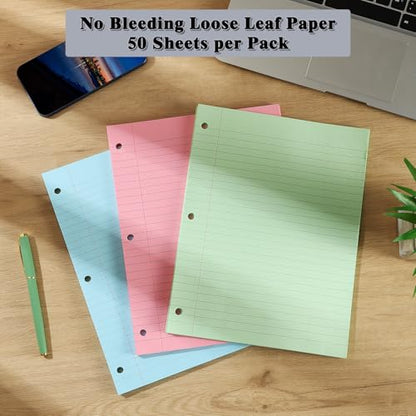 Loose Leaf Paper, 300 Sheets, Wide Ruled, 8" x 10.5", 6 Pack, 70gsm Notebook Paper Filler Sheets, 3 Hole Punched, 50 Sheets/Pack, Wide Ruled Office Filler Writing Notepads for 3 Ring Binder, Green - color: Green