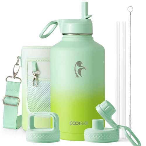 Half Gallon Water Bottle Insulated with Straw & 3 Lids, Coolflask 64 oz Water Jug Large Metal Stainless Steel Wide Mouth for Sports, Gym or Office, Non-BPA Keep Cold 48H Hot 24H, Ombre Green - color: Ombre Green, size: 64 Ounces