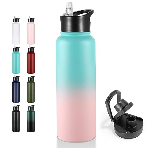 VEGOND 40 oz Insulated Water Bottle Stainless Steel Metal Water Bottles with Leak Proof Straw Lid & Spout Lid, Wide Mouth Double Walled Vacuum Travel Sports Bottle Cup, Green Pink - color: Bubble Gum, size: 40 Ounces