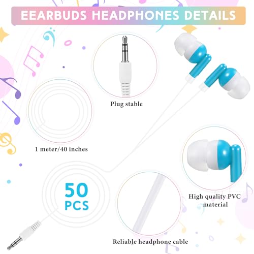 50 Pack Earbud Bulk Headphone for Classroom Earphone Earbud with Wire Individually Bagged Wired in Ear Buds(Sky Blue) - color: Sky Blue