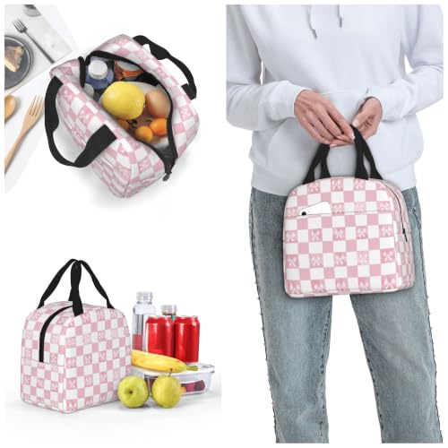 Lunch Bag Pink Check Bow Pattern Insulated Lunch Box Cooler Tote for Adults Student Boys Girls Women Men Work Office School Picnic Beach Reusable Lunchbox Over 3 Years Old - color: B0361