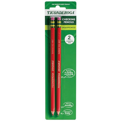 TICONDEROGA Erasable Checking Pencils, Pre-Sharpened with Eraser, Red, Pack of 2 (13901) - style: 2 Count, Red