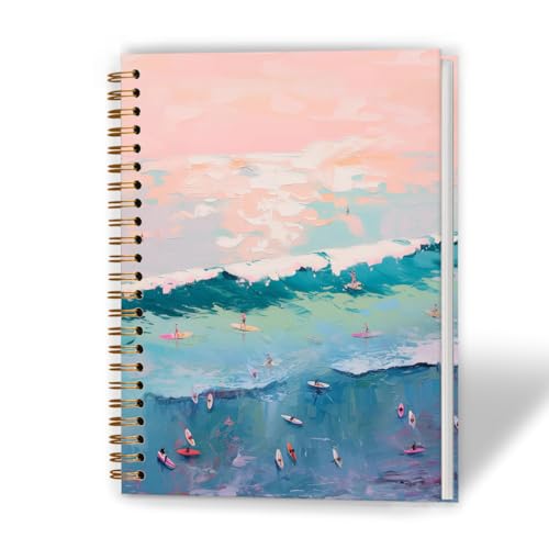 XUNLURY Ocean Beach Notebook, Pink and Blue Surfing Beachy Aesthetic Journal, Summer Coastal Ocean Journal, Beach Lover Gifts Hardcover Spiral Notebooks, 5.5x8.3 Inch - color: Color_C