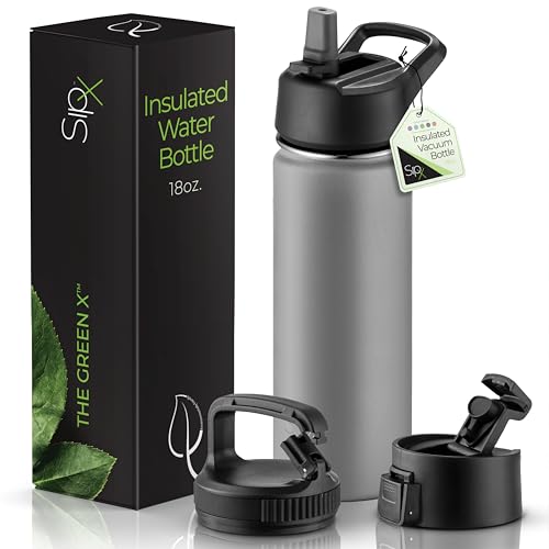 SipX™ 18 oz Insulated Water Bottle with 3 Lids – Leakproof Stainless Steel, Triple Insulated – Cold 24 Hours/Hot 12 Hours – Durable Bottle for School, Gym, Travel – Grey - color: Gray, size: 18 Ounces