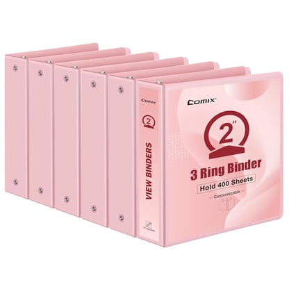 COMIX Standard 3 Ring Binder 2 inch with Clear View Cover, 2" Round Ring View Binder Holds 400 Sheets of US Letter Size Paper, 6 Pack (Pink) - color: Pink, size: 2 inch