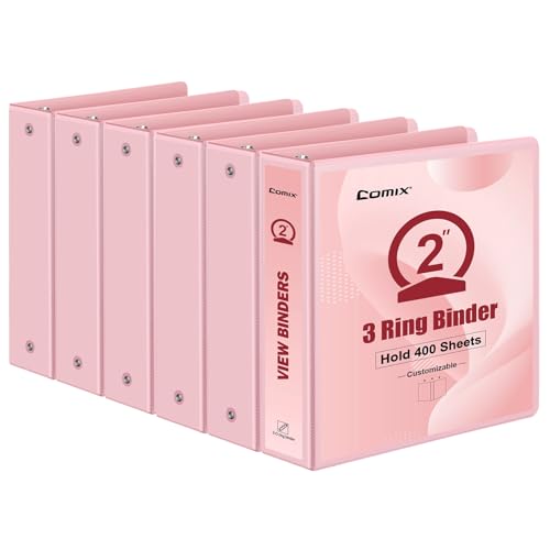 COMIX Standard 3 Ring Binder 2 inch with Clear View Cover, 2" Round Ring View Binder Holds 400 Sheets of US Letter Size Paper, 6 Pack (Pink) - color: Pink, size: 2 inch